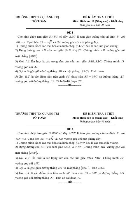 Đề kiểm tra Hình học 11 (nâng cao) chương 3 năm 2018 – 2019 trường Thị xã Quảng Trị